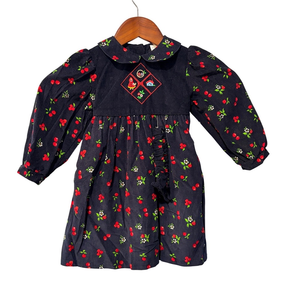 Pebbles & Stones Vintage Navy Corduroy Cherry Floral Dress Toddler Size 24M
